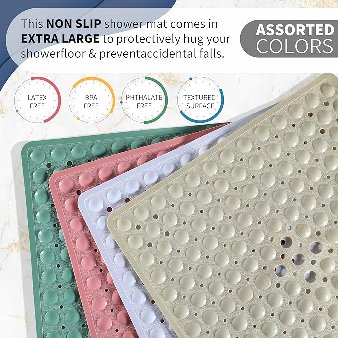 Yimobra Shower Mat 21X21 Inch Square, Non Slip Bathtub Mat with Large Suction Cups&Drain Holes, Soft Fast Dry Shower Stall Mats for Inside Shower, Machine Washable BPA-Free,Bath Essentials, Clear Gray