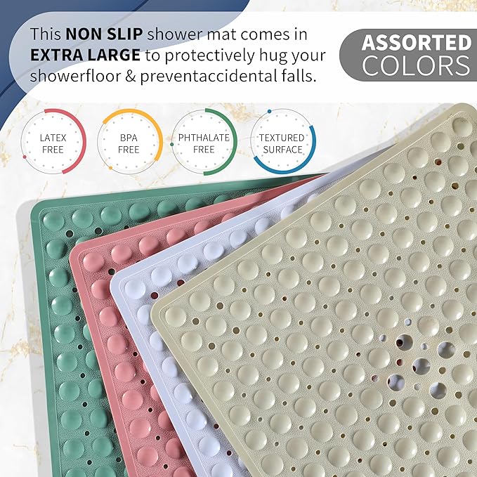Yimobra Shower Stall Mat Non Slip, 21X21 Inch, Soft Square Bath Mat for Shower with Suction Cups and Drain Holes, Stall Floor Mats for Bathroom, Machine Washable, Bathroom Accessories, Clear Green