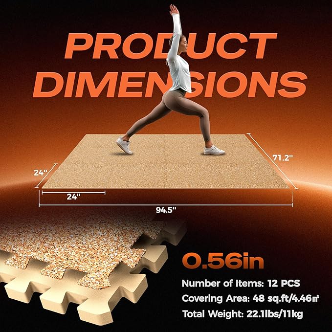 SUPERJARE 0.56'' Thick 12 Pcs 48 Sq Ft Rubber Top Exercise Equipment Mats, High Density EVA Foam Mats with Rubber Top, Interlocking Gym Flooring for Home Gym, Protective Workout Mat, Wood