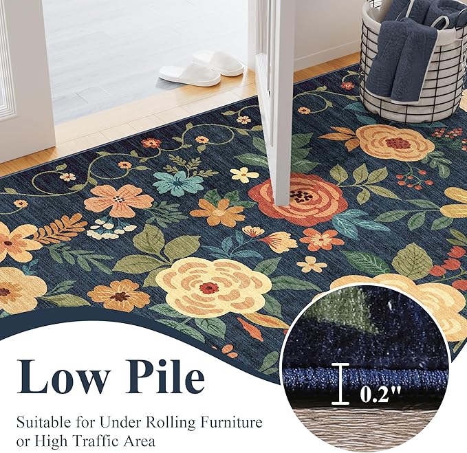 DUKINO Runner Rug, 2x10 Kitchen Hallway Carpet, Washable with Non-Slip Backing, Low Pile Soft Boho Floral for Entryway, Laundry, Bedroom, Dark Blue