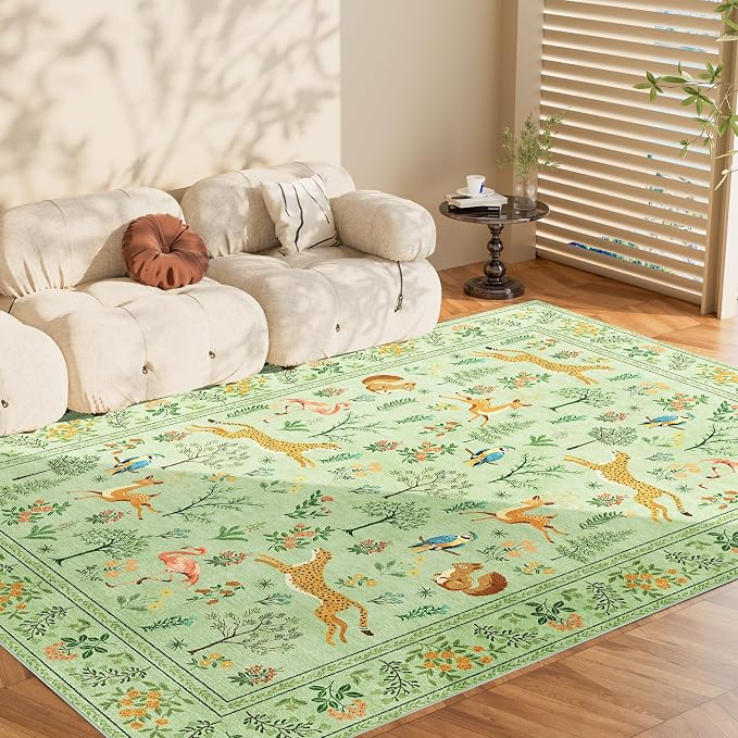 DUKINO 6x9 Rug, Washable Animal Living Room Rug with Non Slip Vintage Design, Soft Low Pile Large Carpet for Bedroom, Nursery, Dining Room, Farmhouse, Playroom, Light Green