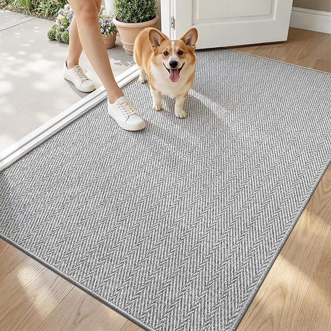 LUMI Ultra Thin Indoor Door Mat for Entrance 36"x56", Non Slip Entryway Mat, Low Profile Doormat, Unique Herringbone Design Carpet for Inside, Patio, Porch, Gray