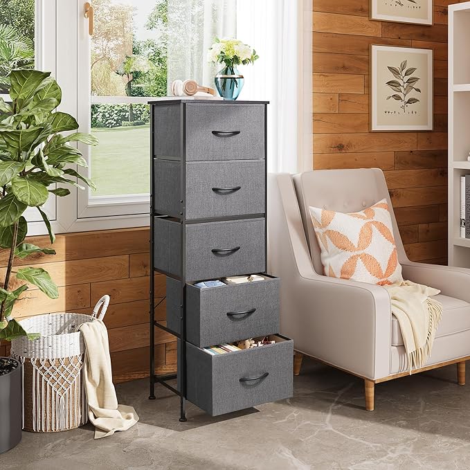 WLIVE Fabric Dresser, 5-Drawer Tall Dressers for Bedroom, Storage Dresser Organizer with Fabric Bins, Wood Top, Sturdy Steel Frame, Chest of Drawers for Closet, Hallway, Dark Grey