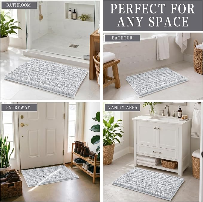 Yimobra Bathroom Rugs Non Slip Washable - Ultra Soft Absorbent Chenille Bath Mat, Quick Dry Shaggy Floor Carpet for Tub Shower, Silver Home Decor Accessories, 24x17 Inch