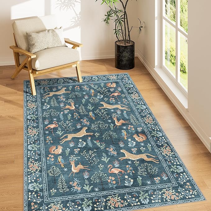 DUKINO 4x6 Rug, Washable Animal Area Rug with Non Slip Vintage Design, Indoor Soft Low Pile Carpet for Bedroom, Nursery, Dining Room, Farmhouse, Playroom, Blue