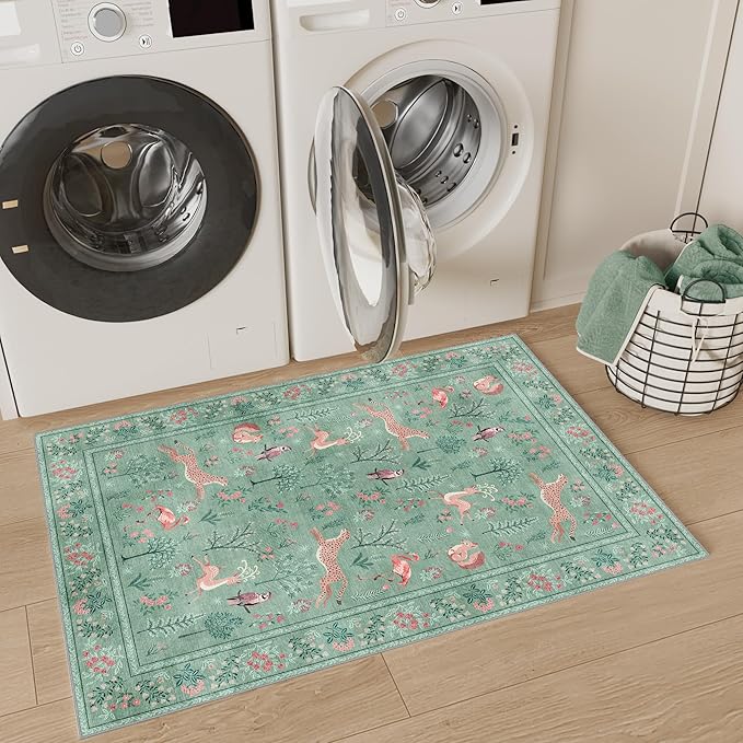 DUKINO 2x3 Rug, Washable Animal Rugs for Entryway, Non Slip Indoor Door Mat, Soft Low Pile Small Area Carpet for Entrance, Bedroom, Kitchen, Laundry, Bathroom, Teal