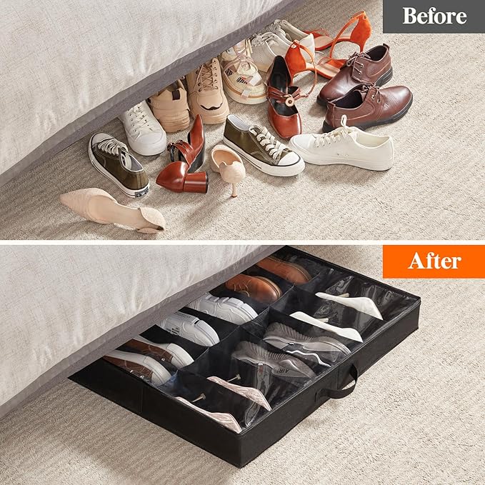 Lifewit Under Bed Shoe Storage Organizer 1 Pack(12 Shoes Cells+4 Boots Cells), 4.3 Inches Profile Fabric Shoes Container Box with Clear Cover, Foldable Storage Bag with 2 Handles, Fits 10 to 16 Pairs
