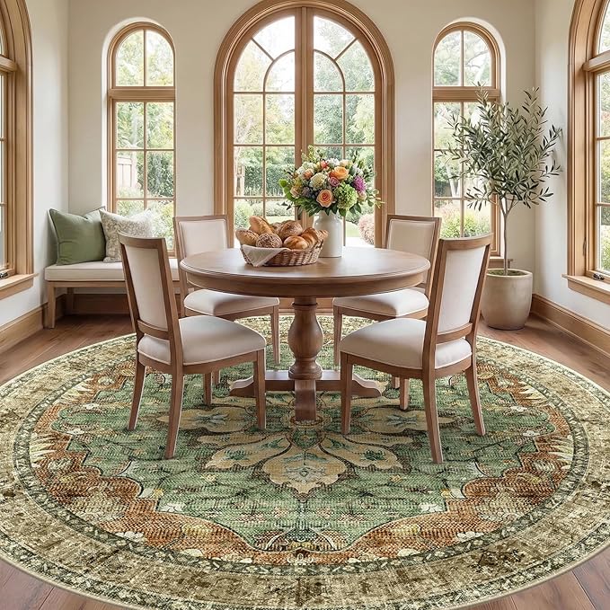 RELEANY Area Rugs Round 10ft Washable Non-Slip, Floral Vintage Distress Medallion Carpet for Living Room Bedroom Dining Room, Terracotta Burnt Orange Green