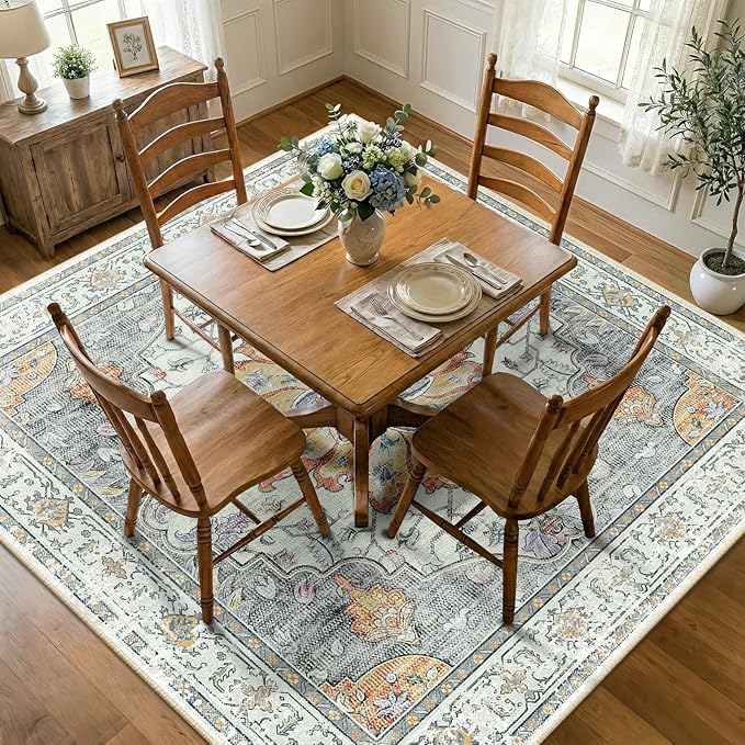 RELEANY Area Rugs Square 8ft Washable Non-Slip, Floral Vintage Distress Medallion Carpet for Living Room Bedroom Dining Room, Beige Carbon Grey Orange