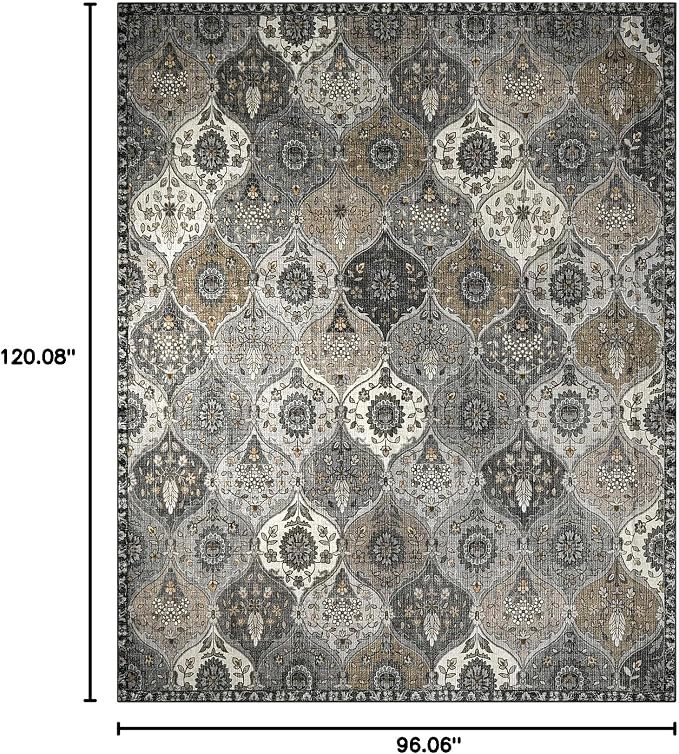 Lahome Moroccan Washable Area Rugs 8x10, Soft Vintage Oriental Rug for Living Room Bedroom Dining Room, Non Slip Low Pile Stain Resistant Rug for Kids Pets High Traffic Areas, Burnt Grey