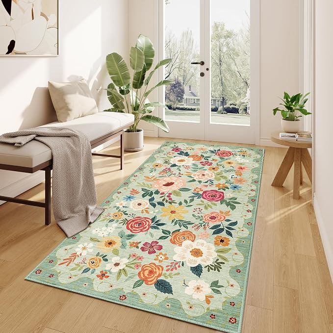 DUKINO 3x6 Runner Rug, Washable Soft Floral Hallway Runner Rug with Non Slip, Low Pile Thin Floor Carpet for Kitchen, Bathroom, Entryway, Laundry, Entryway, Green