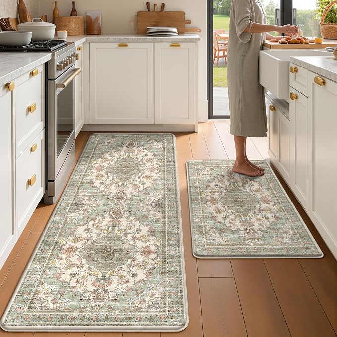 Boho Kitchen Mats for Floor 2 Piece Set Anti Fatigue Cushioned PVC Kitchen Rugs Non Slip Waterproof Farmhouse Mats 2/5 Inch Comfort Standing Mat for Sink, Laundry, 23.6"x39"+23.6"x59",D1