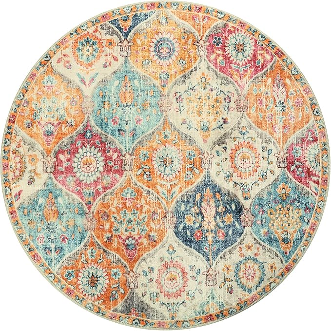 Lahome Moroccan Washable Circle Rug, Soft Vintage Round Rug 4ft, Distress Round Carpet for Entryway Bathroom Kitchen Bedroom, Non Slip Low Pile Stain Resistant Elise, Burnt Orange