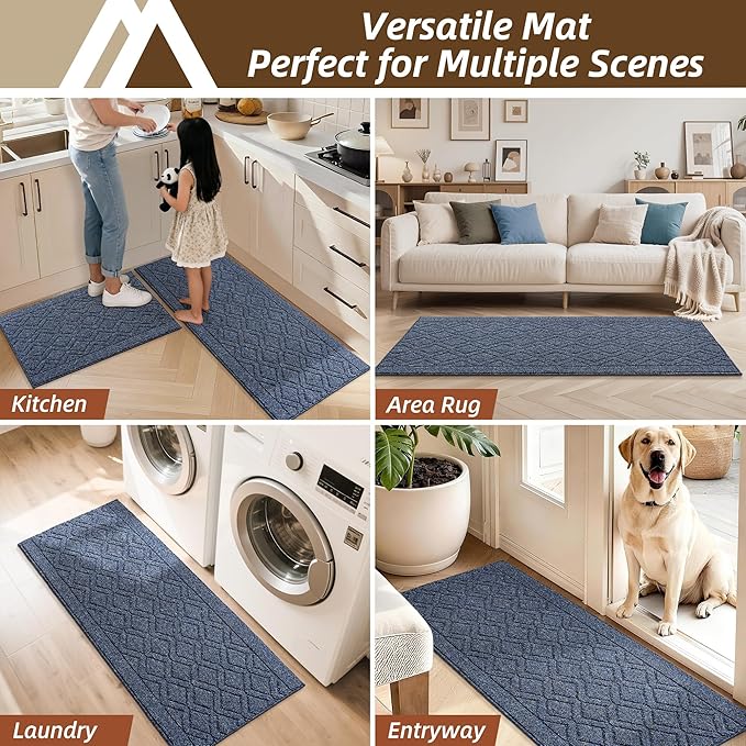 COSY HOMEER Kitchen Rugs Sets 2PCS,Non-Slip Washable Kitchen Mats for Floor,Absorbent and Stain Resistant Kitchen Runner Rugs for Kitchen Sink Laundry Entryway,20"x30"+20"x48",Heather Blue