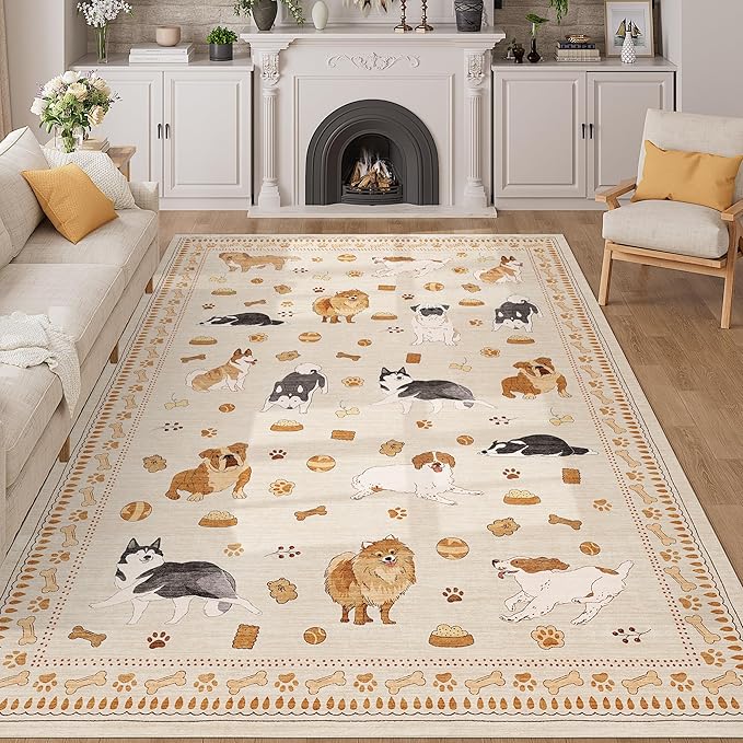 DUKINO 5x7 Rug for Living Room, Lightweight Animal Dog Print Washable Area Rug, Non Slip & Low Pile Floor Mat, Stain Resistant Carpet for Bedroom, Nursery, Dining Room, Kids Playroom, Beige Yellow