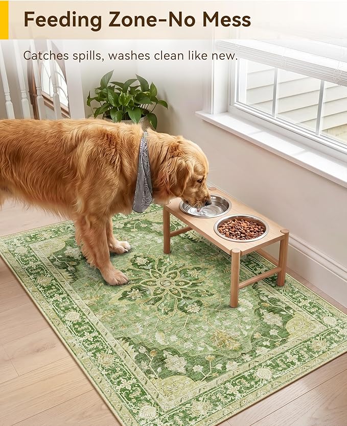 RELEANY Area Rugs Small 2'x3' Washable Non-Slip, Floral Vintage Distress Medallion Carpet for Kitchen Entryway Bathroom, Sage Green Yellow