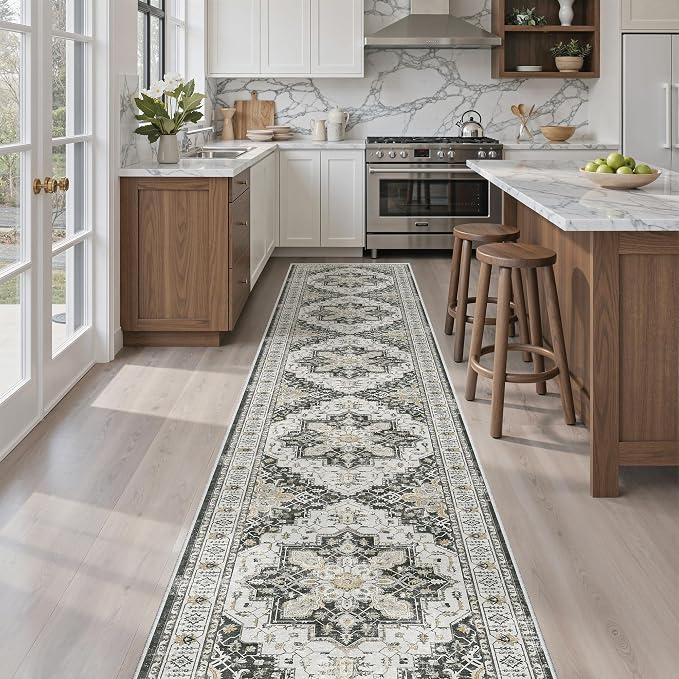 Madane Hallway Runner Rug 2x12, Extra Long Washable Runner Rugs with Rubber Backing, Non Slip Carpet Runner, Vintage Rug Runners for Kitchen Laundry Room Entryway (Black, 2'x12')