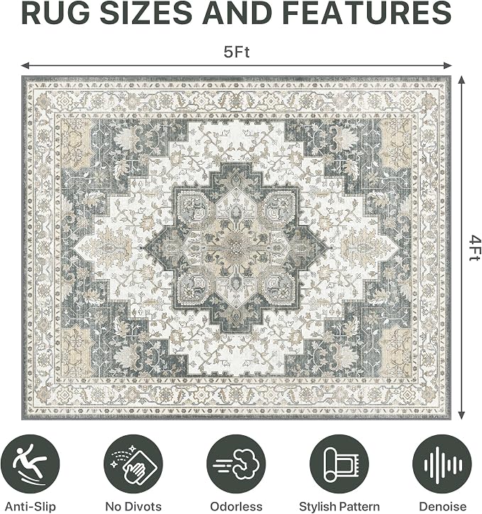 48"x60" Office Chair Mat for Hardwood Tile Floor, Under Desk Carpet Protector for Rolling Computer Chair Mat, Machine Washable Area Rug, Anti-Slip 1/5" Thick Low Pile Thin Vinyl Floor Mat, Grey