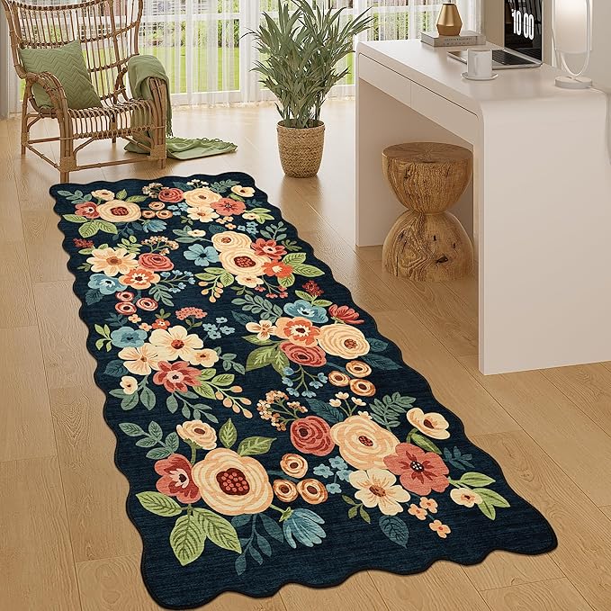 DUKINO 3x6 Washable Runner Rug, Soft Indoor Floral Non Slip Runner Rug for Hallways, Lightweight & Low Pile Floor Carpet for Kitchen, Entryway, Hallway, Bathroom, Laundry, Bedroom, Navy Blue