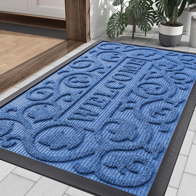 Smiry Welcome Door Mat Outside Entrance, Heavy Duty Trap Dirt and Moisture Easy Clean Low Profile Patio Porch Indoor Outdoor Front Doormat for Entry, 35x23 Inch, Blue