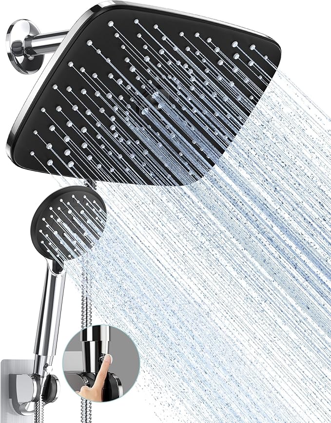 Veken 11.8 Inch Rain Shower Head with Handheld- High Pressure Dual Shower Heads with 5 Modes Hand held Spray Combo- Wide Rainfall Showerhead with Hose, Bathroom Accessories, Chrome
