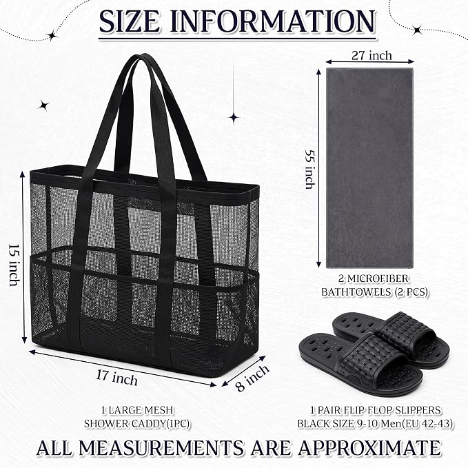 Hosuly 3-in-1 Travel Gym Dorm Shower Kit, Mesh Shower Caddy with 2 Quick Dry Towels and Non-slip Shoes, College Bathroom Essentials for Camping, Hotel and Workout(Gray and Black,9–10 Men(eu 42-43))