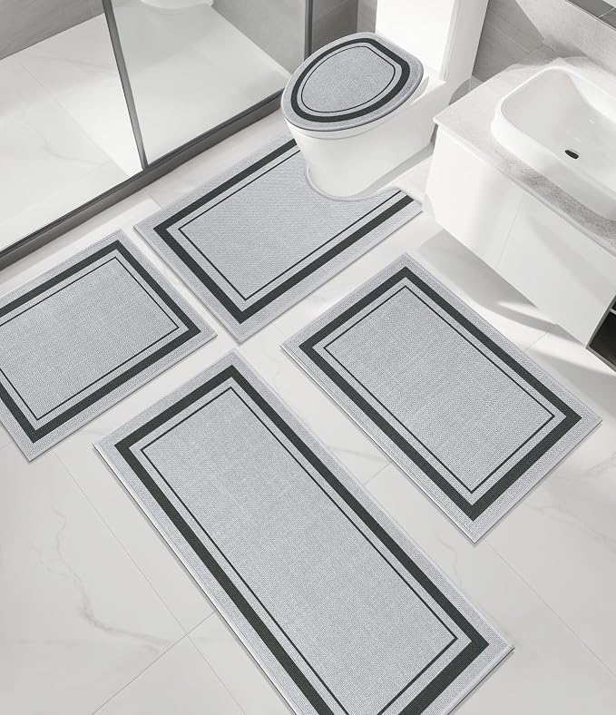 chakme Bathroom Rug Sets 5 Piece, Ultra Thin Bath Mat,Absorbent,Non Slip, Machine Washable, Light Grey