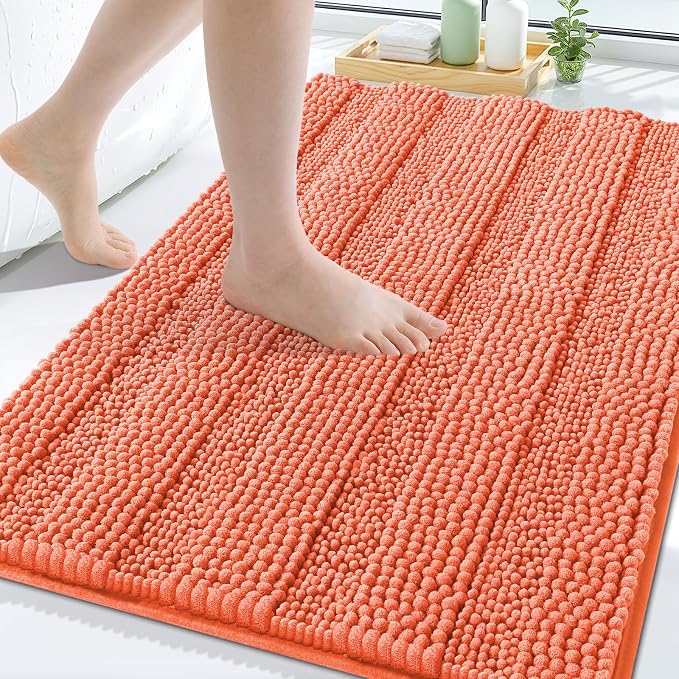 Grandaily Chenille Striped Bathroom Rugs 30x20, Extra Thick and Absorbent Bath Mats, Non-Slip Soft Plush Shaggy Shower Carpet, Machine Wash Dry, Bath Rug for Bathroom, (Medium, Coral Orange)