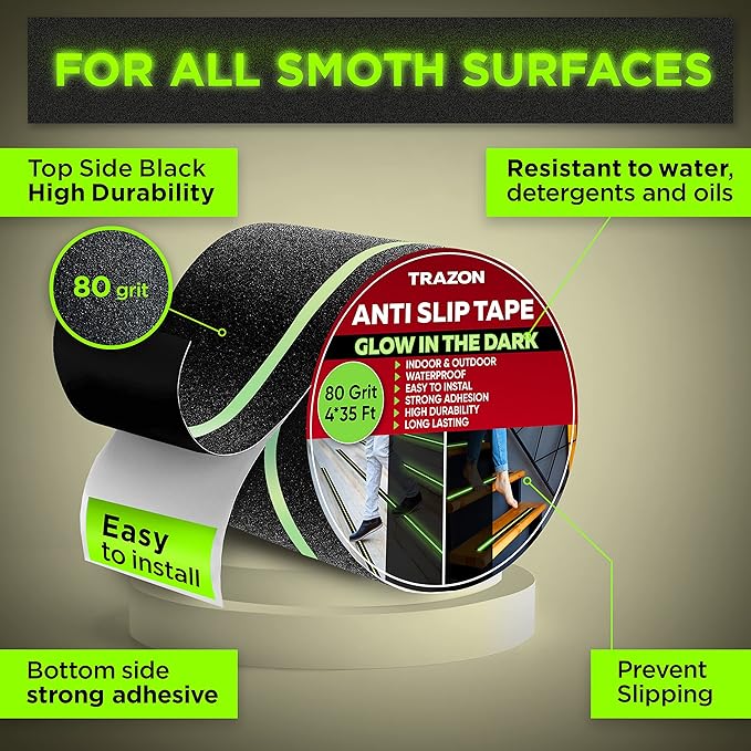 Grip Tape Glow in Dark Stripe - Heavy Duty Anti Slip Tape for Stairs Outdoor/Indoor Waterproof 4 Inch x 35 Feet Non Skid Roll Stair Steps Traction Tread Staircases Grips Adhesive Nonslip Slip Strips