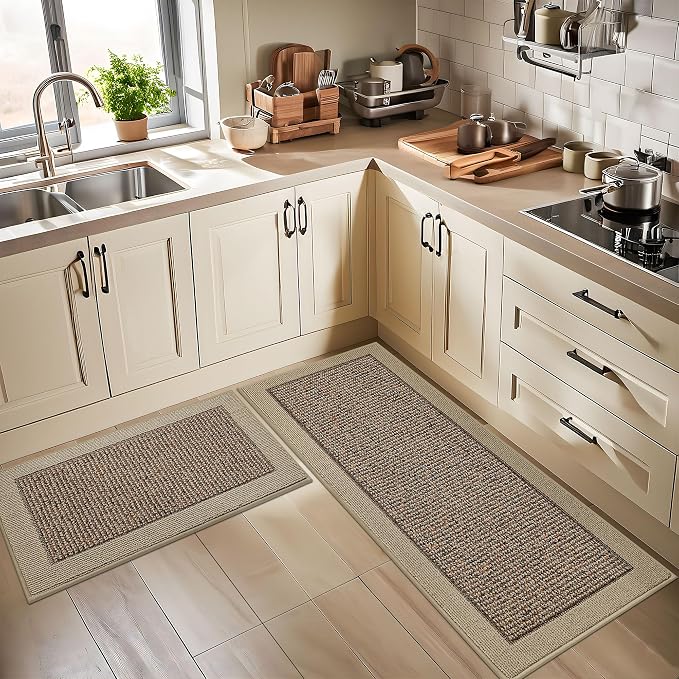 BEQHAUSE Kitchen Rugs and Mats Set of 2 Non-Slip Kitchen Mats for Floor, Absorbent and Stain Resistant Kitchen Runner, Machine Washable Rugs for Kitchen, Laundry & Sink, 20"x32"+20"x48", Taupe