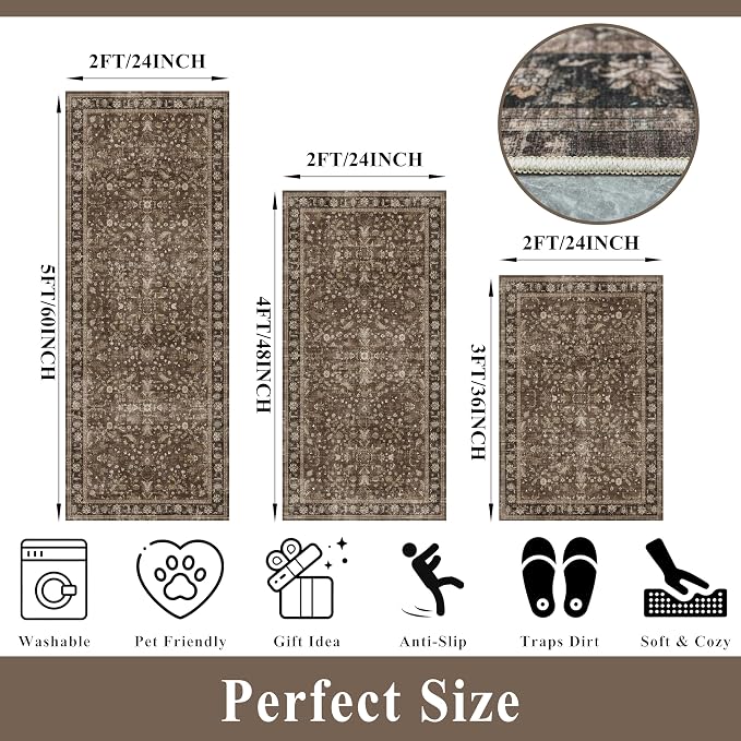 Washable Non-Skid 3 Piece Kitchen Rugs Set – Modern Boho Floral Low-Pile Area Rugs and Runner for Entryway, Bathroom, Hallway – Decorative Small Indoor Rugs (Brown, 2x3+2x4+2x5)