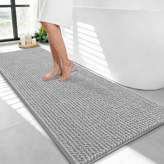 OLANLY Thick Bathroom Runner Rugs 47x24, Extra Soft Absorbent Chenille Bath Rugs, Rubber Backing, Machine Wash Dry, Long Bath Mats for Bathroom, Tub and Shower, Home Decor Accessories, Light Grey