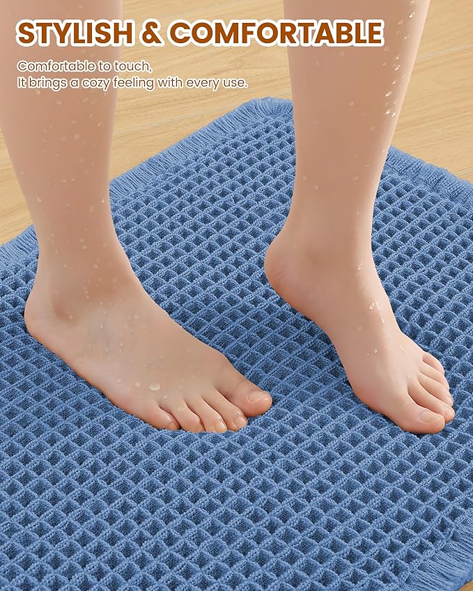Smiry Waffle Bath Mat 24x16, Extra Soft Absorbent Bathroom Rugs, Non Slip Machine Washable Quick Dry Bath Rugs for Bathroom Floor, Tub, Shower, Home Decor Accessories, Blue