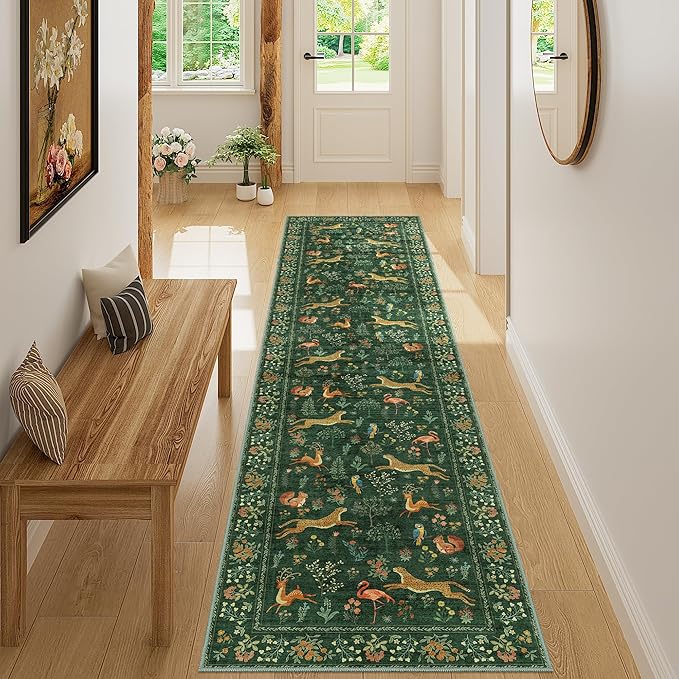 DUKINO Runner Rug, 2x8 Boho Kitchen Rug for Hallways with Low Pile Design, Washable Non Slip Backing Soft Floral Runner for Kitchen, Hallway, Entryway, Bedroom, Laundry, Green