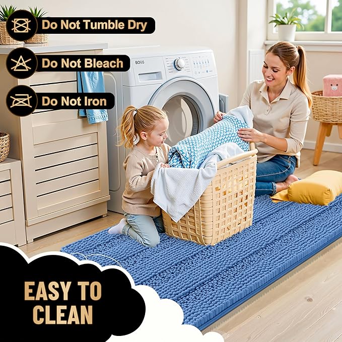 OLANLY Thick Bathroom Runner Rugs 47x20, Extra Absorbent Chenille Striped Bath Rugs, Rubber Backing, Machine Wash, Long Bath Mats for Bathroom, Tub and Shower, Home Decor Accessories, Cornflower Blue