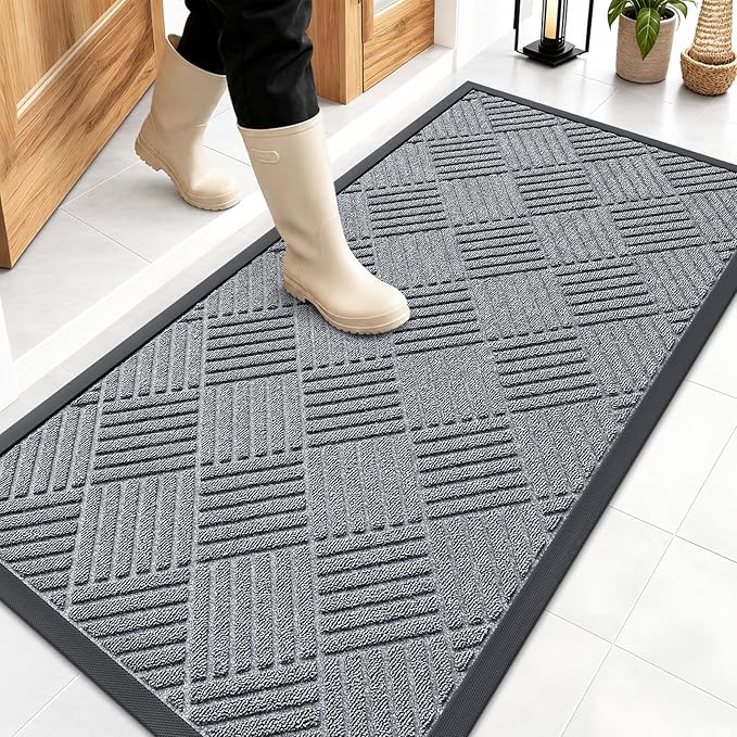 OLANLY Front Door Mat Outside Entrance 47x23, Absorbent, Heavy Duty Sturdy Natural Rubber Doormat Indoor Outdoor, Stain Fade Resistant, Non-Slip Low Profile Floor Mat Entryway, Charcoal Gray Diamond