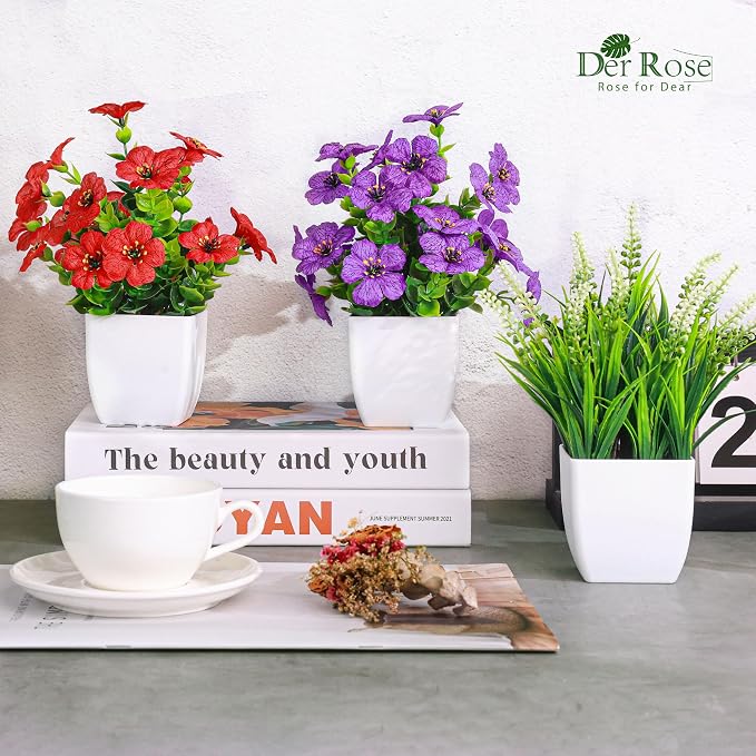 Der Rose Fake Plants 4 Pack Small Artificial Flowers in White Pots for Desk Bathroom Shelf Bedroom Office Tabletop Spring Home Decor