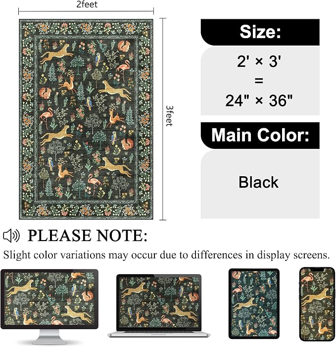 DUKINO 2x3 Rug, Washable Animal Rugs for Entryway, Non Slip Indoor Door Mat, Soft Low Pile Small Area Carpet for Entrance, Bedroom, Kitchen, Laundry, Bathroom, Black