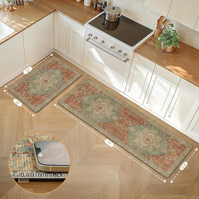 GENIMO Kitchen Mats for Floor 2PCs, Washable Anti Fatigue Mat for Cushioned, 23.6"x71"+20" x 32", Waterproof Kitchen Rugs, Non Slip Comfort Standing Mat Rug for Home, Sink, Laundry, Multi Color