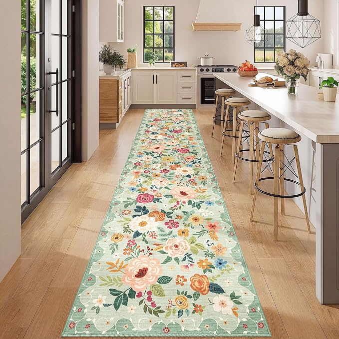 DUKINO 2x12 Washable Runner Rug, Ultra Soft Floral Runner Rug for Hallway, Boho Non Slip & Non Shedding Indoor Entryway Carpet for Kitchen, Laundry Room, Bathroom, Bedroom, Entrance, Green