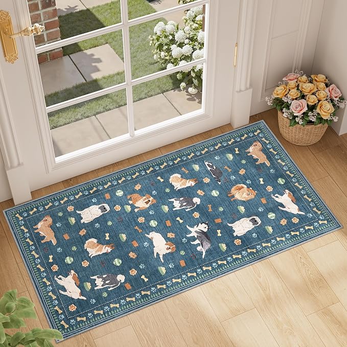 DUKINO 2x4 Runner Rug for Entryway, Animal Dog Print Washable Kitchen Rug with Non Slip, Low Pile Indoor Door Mat Non Shedding Small Throw Carpet Runner for Hallway, Bathroom, Laundry, Bedroom, Blue