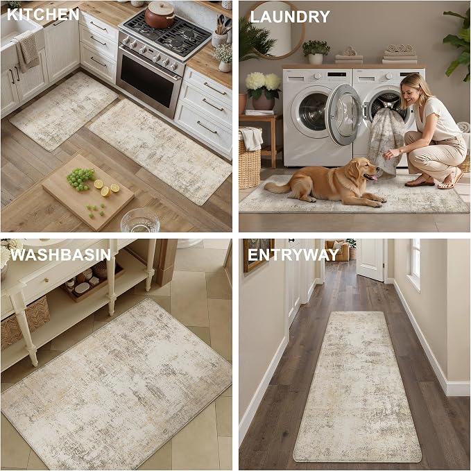 Kitchen Mats for Floor Anti Fatigue Waterproof Kitchen Rug Beige Grey Abstract Cushioned Non-Slip Kitchen Mats Comfort Standing Neutral Mat for Sink Laundry Office 17.3"×59"