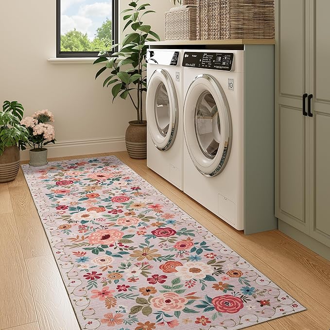 DUKINO Runner Rug, 2x7 Boho Kitchen Rug for Hallways with Low Pile Design, Washable Non Slip Backing Soft Floral Runner for Kitchen, Hallway, Entryway, Bedroom, Laundry, Beige