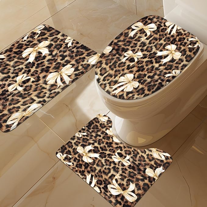 4 PCS Beige Bow Leopard Print Shower Curtain Set 72Wx72H,Toilet Lid Cover,Non-Slip Rugs and U-Shaped Mat,Vintage Chic Bathroom Sets with Rugs Shower Accessories 12 Hooks for Bathroom Decor