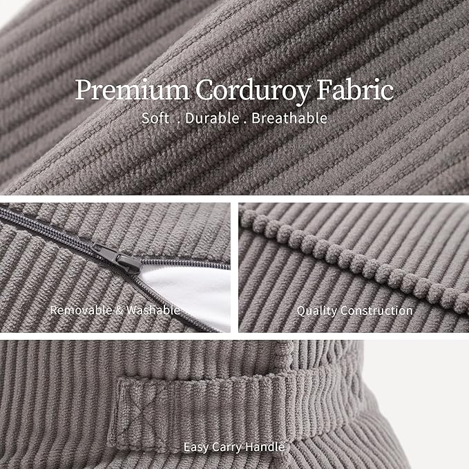 Pat. Pend. Corduroy Lumbar Support Pillow for Watching TV, Reading & Gaming, Triangle Cushion for Sofa, Armchair, Couch or Bed, Removable Washable Cover, Light Gray