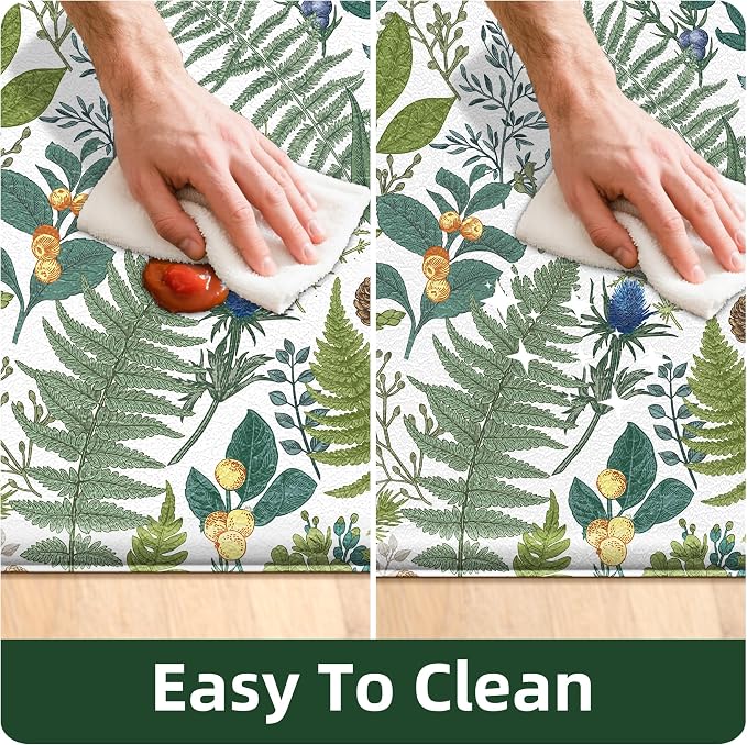 White Green Botanical Kitchen Rugs Set of 2 Plant Leaf Anti-Fatigue Kitchen Mat Natural Comfort Standing Waterproof PVC Mats 2/5" Thick Leather Carpet for Laundry Office Sink(17.3" x28" + 17.3" x 47")