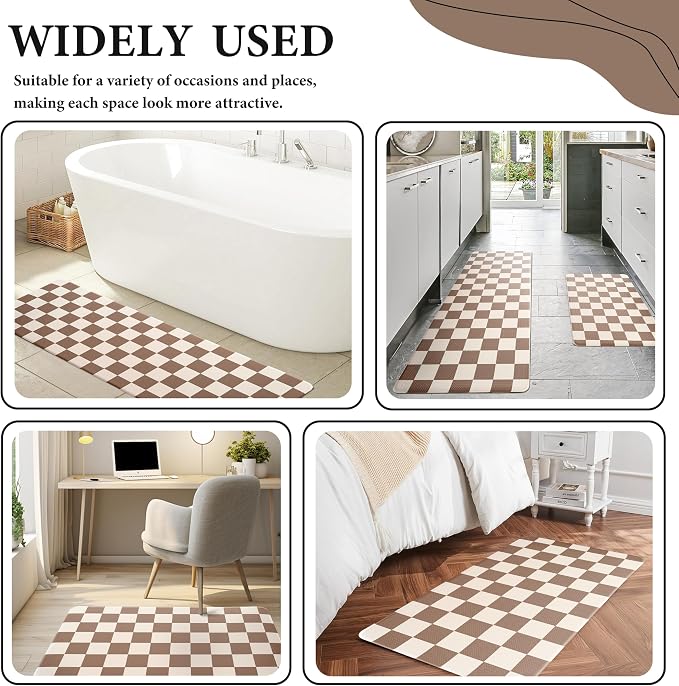 Beige Khaki Checkered Grid Checkerboard Kitchen Rug Sets [2 PCs], Anti-Fatigue, Waterproof Non-Slip Kitchen Mats Heavy Duty Ergonomic Comfort Foam Rug for Floor, Home,17"x29"+17"x47"