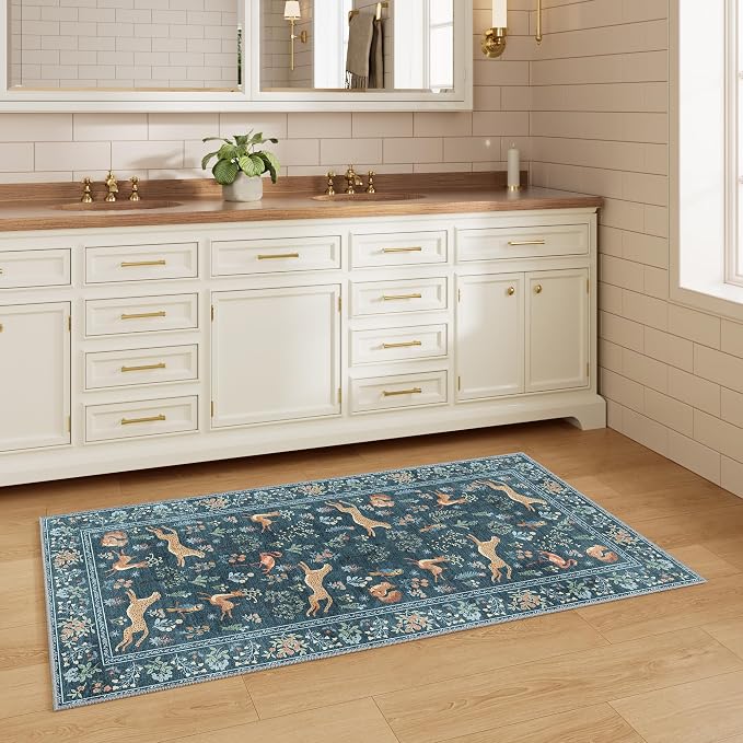 DUKINO 2x4 Rug for Hallway, Washable Kitchen Runner Rug with Non Slip Backing, Soft Low Pile Vintage Animal Runner for Bedroom, Kitchen, Hallway, Entryway, Laundry, Blue