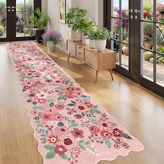 DUKINO Washable 2.6x12 Runner Rug for Hallway, Non Slip Floral Washable Kitchen Rug with Low Pile Design, Boho Stain Resistant Floor Carpet Runner for Entryway, Bathroom, Laundry, Bedroom, Pink