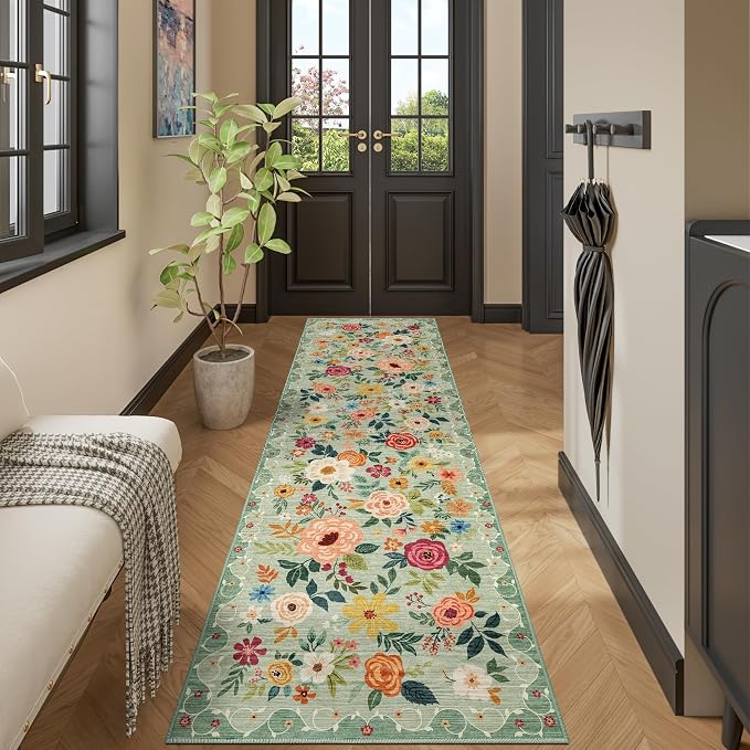 DUKINO 2x12 Washable Runner Rug, Ultra Soft Floral Runner Rug for Hallway, Boho Non Slip & Non Shedding Indoor Entryway Carpet for Kitchen, Laundry Room, Bathroom, Bedroom, Entrance, Green